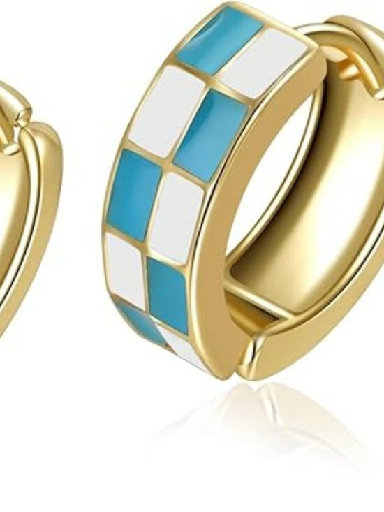 Jewelry - NEW Chic Checker Small Hoop Cartilage Earrings White Green Enamel Gold Trendy